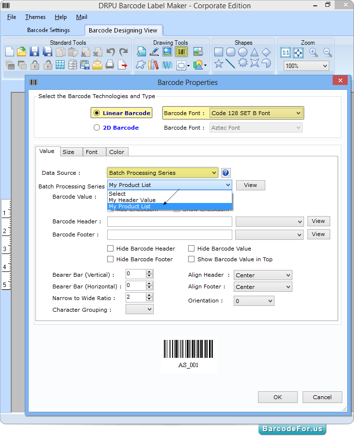 Create list of barcodes (Barcode Designing View) – BarcodeFor.us